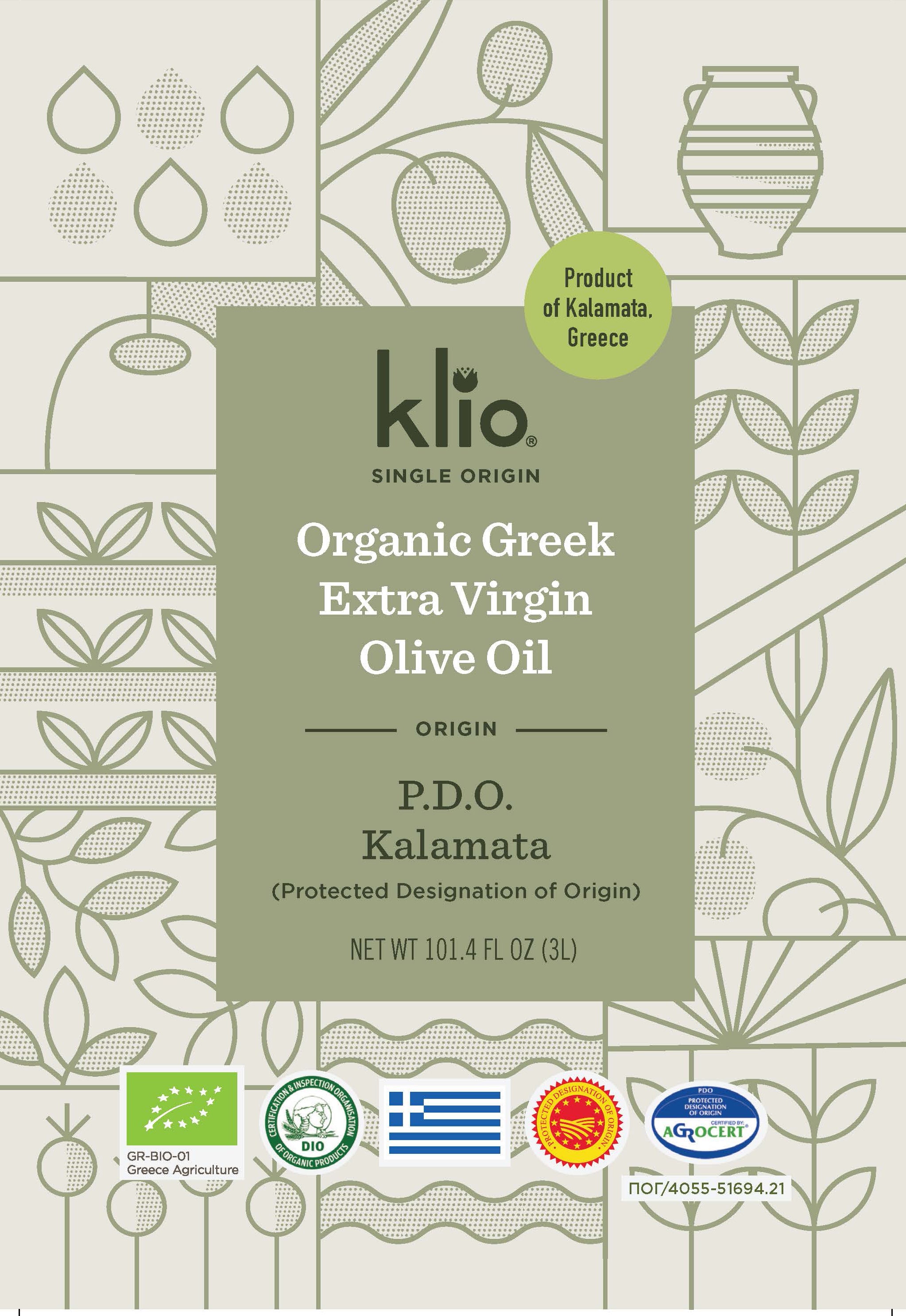Organic Greek Extra Virgin Olive Oil (3 Liter Tin / 101.4 FL OZ